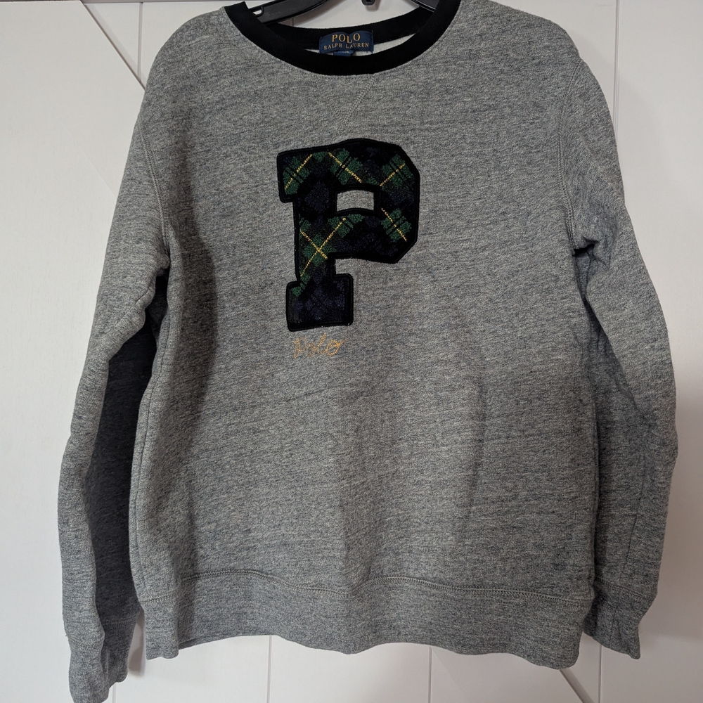 Ralph Lauren Gray Crewneck Sweater with Plaid Patch